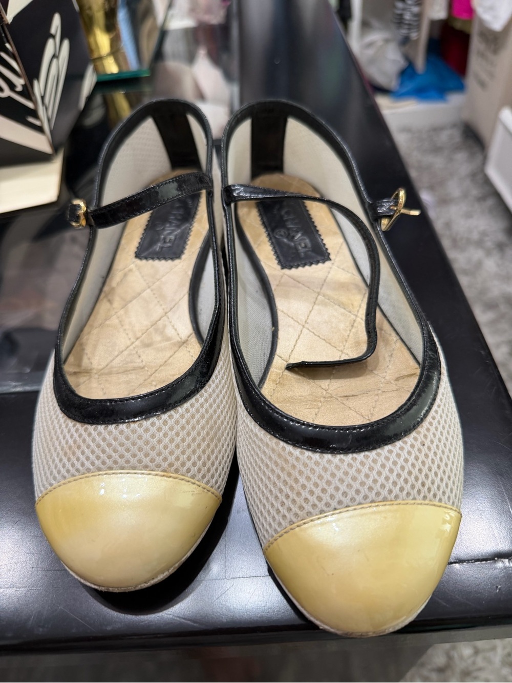 CHANEL Beige Mesh and Black Trim Mary Jane Flats with Cream Cap